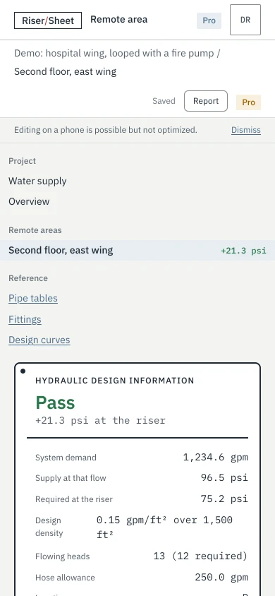 The workspace on a 390 pixel wide phone. The breadcrumb keeps its last segment, the nameplate reads Pass with plus 21.3 psi at the riser above the drawing, and the toolbar keeps only the two view tabs and the camera controls.