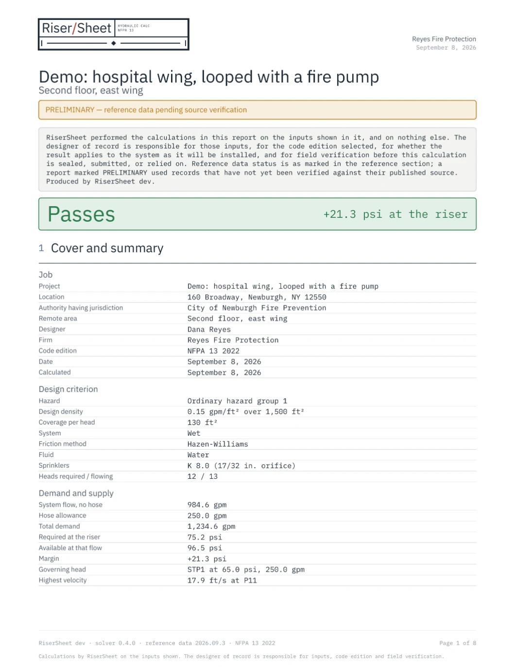 Page 1 of the generated PDF, on letter paper. The title block sits top left with the firm name and date top right. Under the project name and remote area are the preliminary banner, a paragraph naming what the software did and what the designer of record is responsible for, and the Passes verdict. Job, design criterion, and demand and supply tables fill the page, over a footer carrying the solver version, the reference data version, the code edition and the page number.