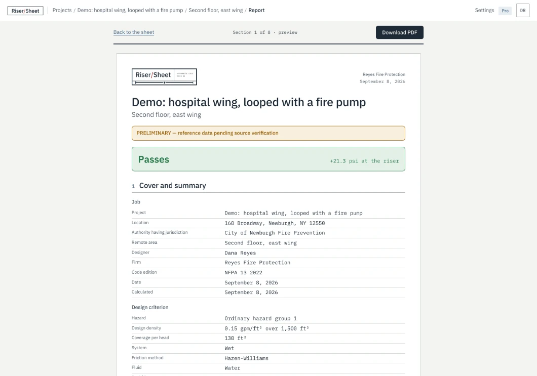 The report preview, section 1 of 8. A title block heads the sheet, above the project name and remote area, an amber banner reading PRELIMINARY, reference data pending source verification, and a green verdict reading Passes, plus 21.3 psi at the riser. A job table and a design criterion table follow.